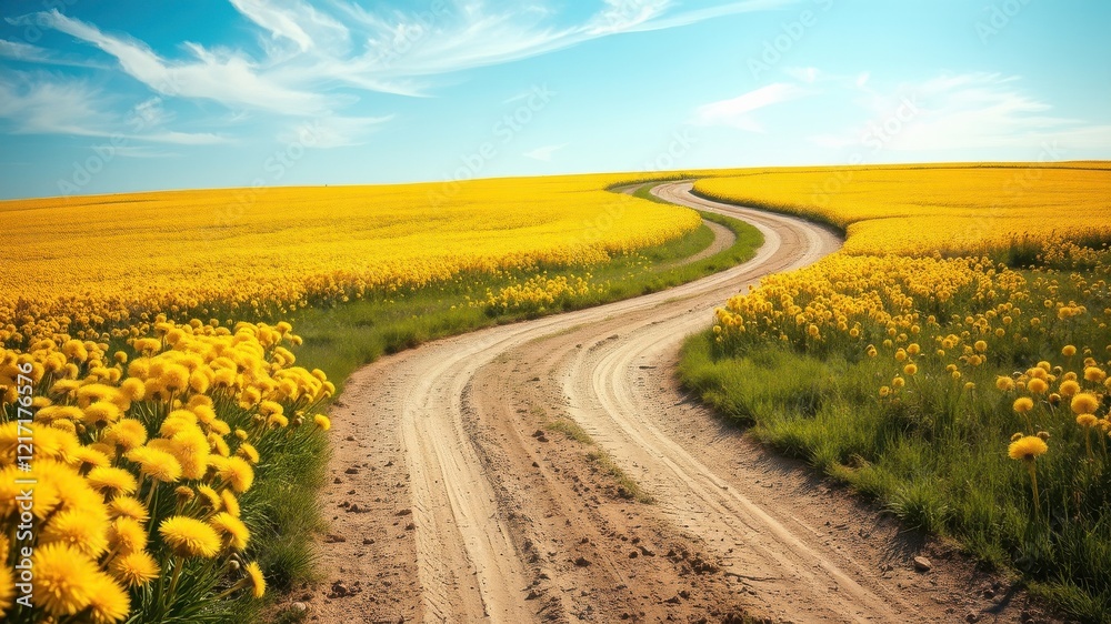 Naklejka premium A winding dirt road meanders through a vibrant field of yellow wildflowers under a bright summer sky