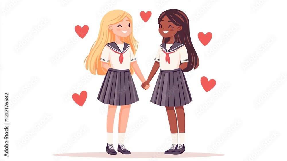 Two Cute Cartoon Girls Holding Hands Smiling Happy Two Cute Cartoon Girls Holding Hands Smiling Happy