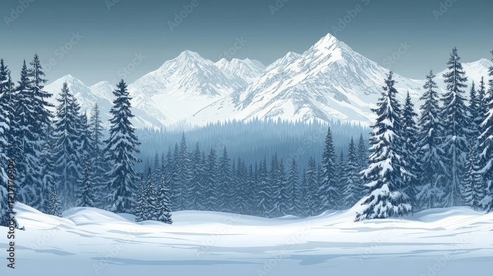 Snow-covered mountain range with a foreground of snow-laden evergreen trees Snow-covered mountain range with a foreground of snow-laden evergreen trees