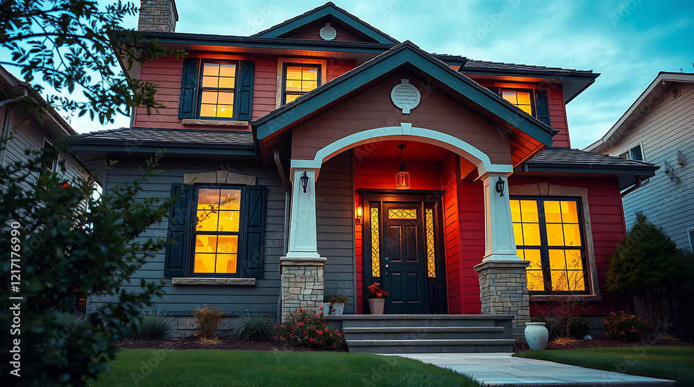 Fototapeta premium Luxury Family Home Exterior at Night. Modern Architectural Design, Illuminated Windows, Landscaping, and Brick Facade. Real Estate Photography