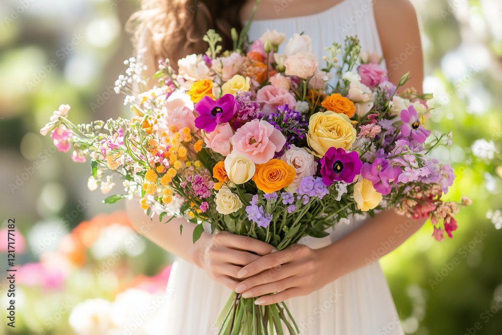 Woman Holding Vibrant Wildflower Bouquet for Joyful International Women’s Day Celebration Woman Holding Vibrant Wildflower Bouquet for Joyful International Women’s Day Celebration