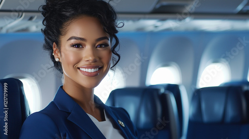 Flight Attendant Assisting Passengers in Bright Cabin Atmosphere