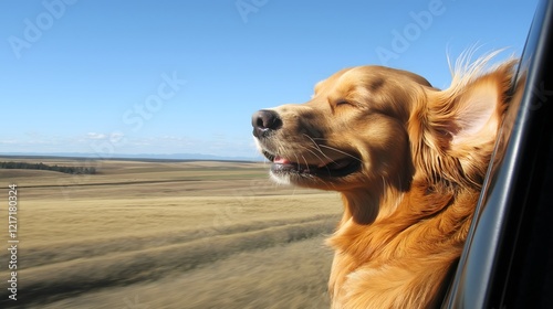 Joyful golden retriever enjoying a breezy ride with its head out of the car window on a sunny day