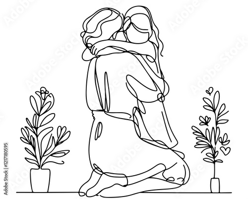 Mother hugs her child logo template, sketch