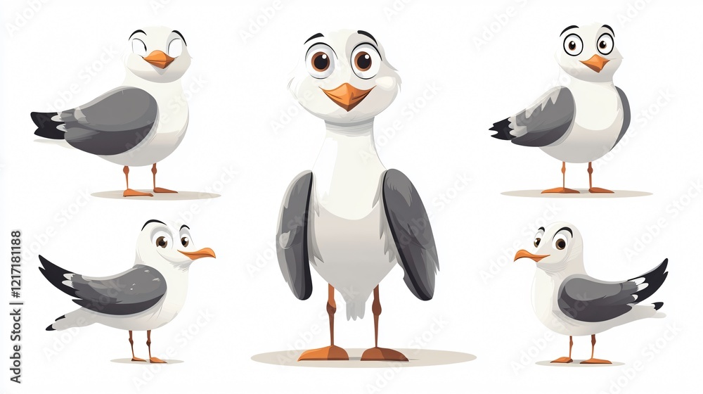 Obraz premium Playful Cute Seagull Mascot Cartoon Characters in Wide Angle View