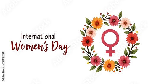 Realistic floral wreath encircling female gender symbol for Women's Day banner design