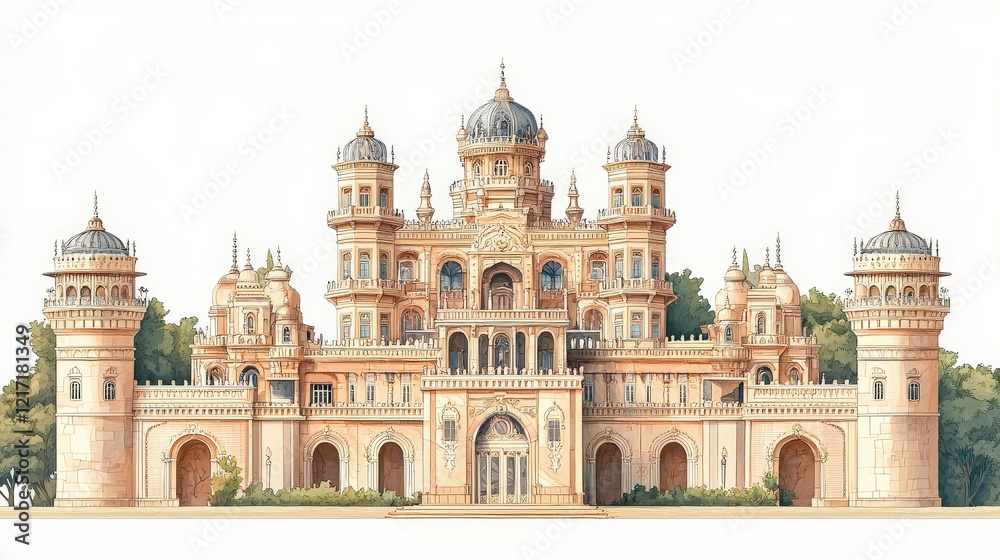 Obraz premium An ornate, historical palace featuring intricate towers and elaborate architecture, surrounded by lush greenery.