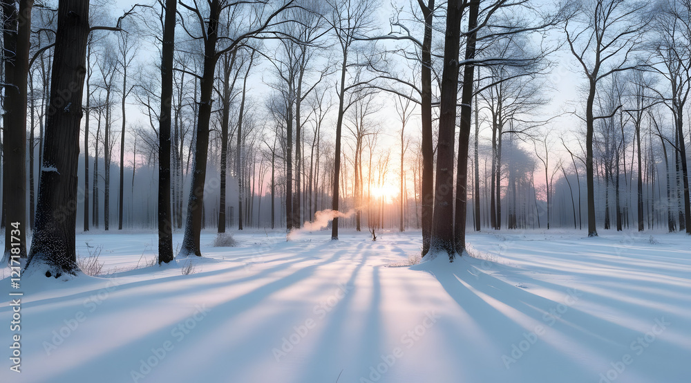 A serene winter landscape featuring tall trees, soft snow, and a warm sunset illuminating the scene with long shadows. A serene winter landscape featuring tall trees, soft snow, and a warm sunset illuminating the scene with long shadows.
