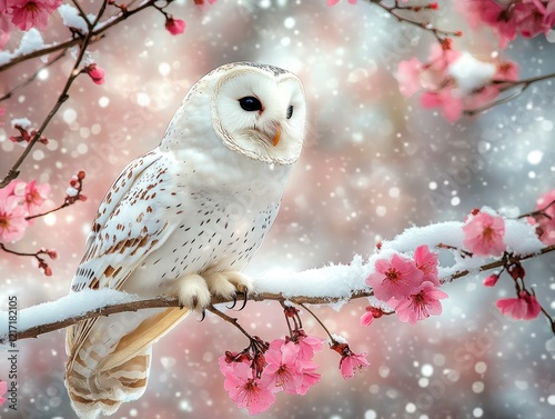 Snowy owl perched on snow-covered cherry blossom branch. Winter wonderland background. Ideal for nature calendars