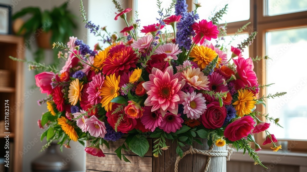 Vibrant floral arrangement in rustic wooden container, featuring a delightful mix of gerbera daisies, dahlias, roses, and assorted blossoms Vibrant floral arrangement in rustic wooden container, featuring a delightful mix of gerbera daisies, dahlias, roses, and assorted blossoms