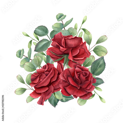 Three dark ruby roses head, eucalyptus branches bouquet watercolor illustration isolated background. Blooming red flowers, green leaves. For birthday greeting cards, wedding concept, memorial day.