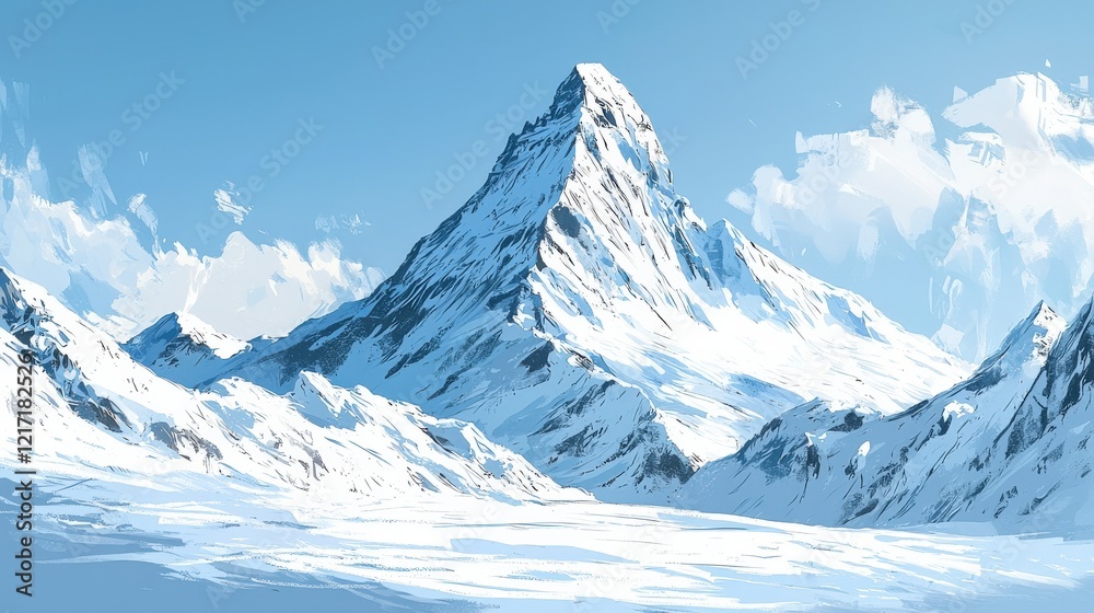 Fototapeta premium A majestic snow-covered mountain rises against a clear blue sky, surrounded by serene snowy landscapes and scattered clouds.