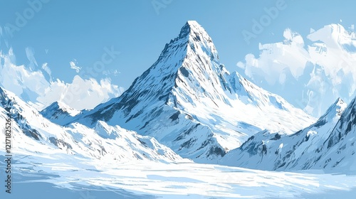 Wallpaper Mural A majestic snow-covered mountain rises against a clear blue sky, surrounded by serene snowy landscapes and scattered clouds. Torontodigital.ca