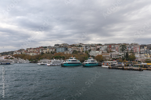 Panorama view of Istanbul and Bosphorus, Istanbul, Turkey. Near the Uskudar pier. Cloudy day and seagulls.