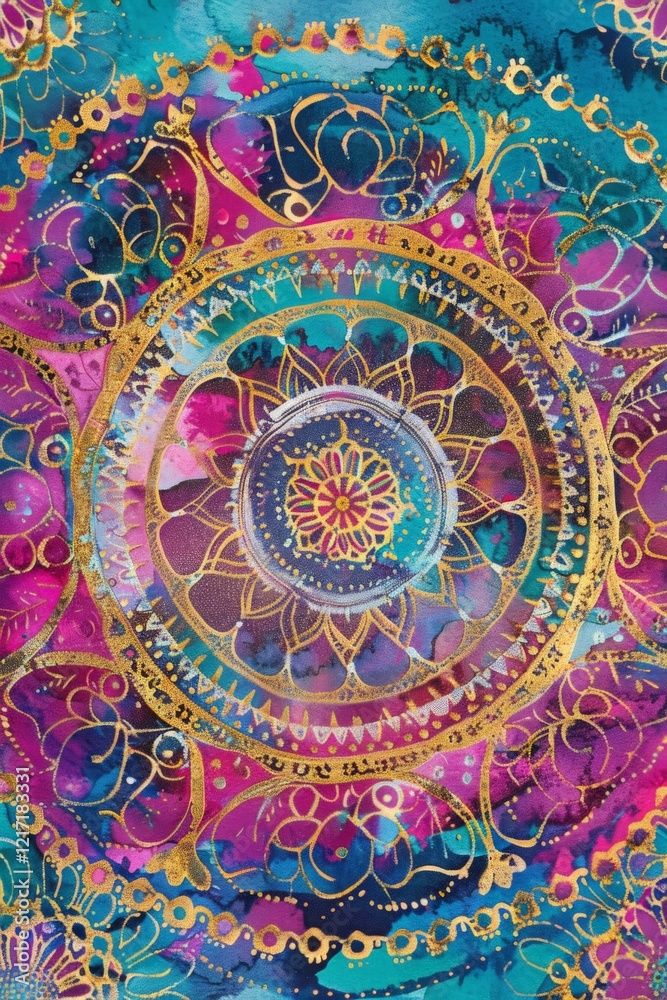 Vibrant mandala with gold pattern on colorful background Vibrant mandala with gold pattern on colorful background