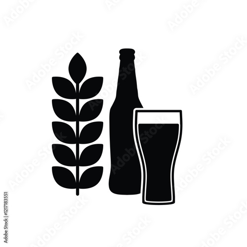 wheat beer bottle and glass icon, silhouette of beer bottle 