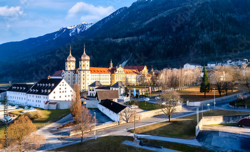Aerial view of Stams Abbey (Stift Stams) in Stams, Imst district, Tyrol, Austria photo
