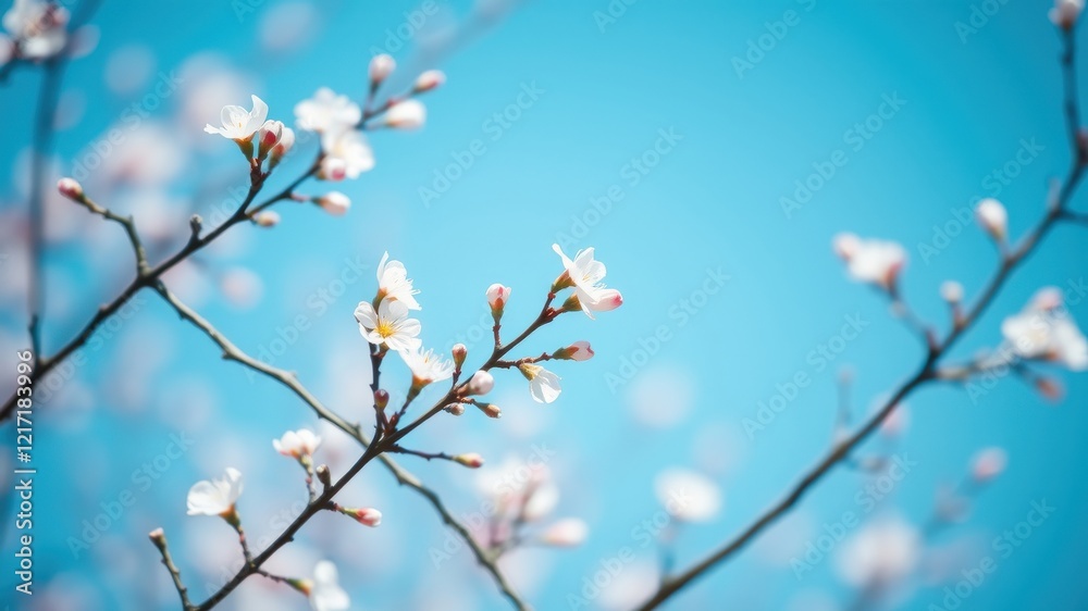 Delicate white blossoms on slender branches against a vibrant blue sky, a picturesque springtime scene of floral beauty and natural serenity Delicate white blossoms on slender branches against a vibrant blue sky, a picturesque springtime scene of floral beauty and natural serenity