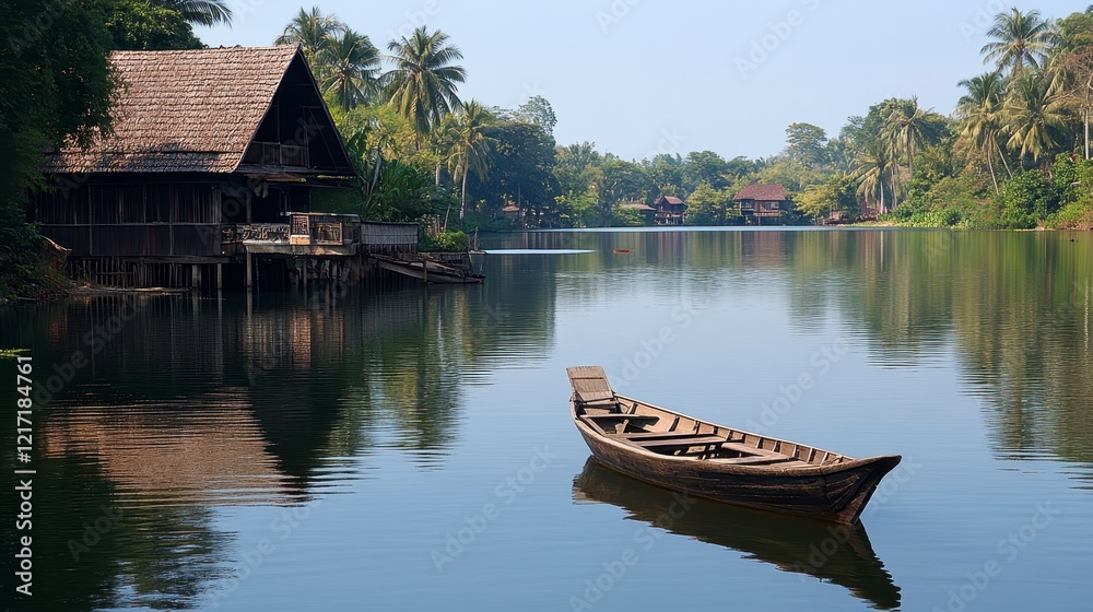 Obraz premium Serene River Scene with Traditional Houses and a Small Boat