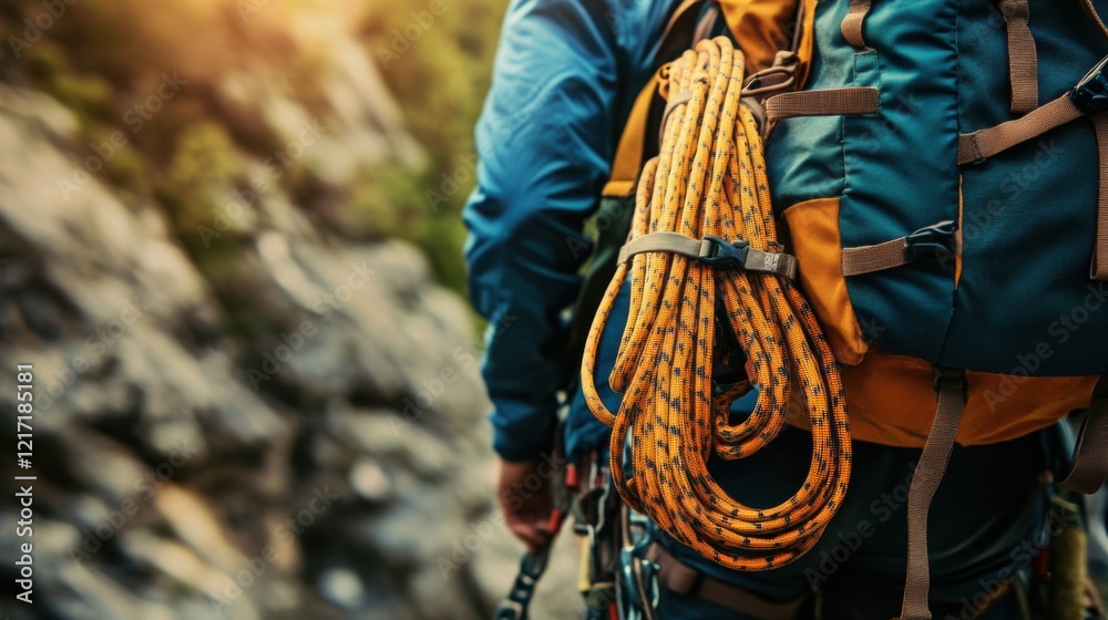 Fototapeta premium A climber prepares for an outdoor adventure with essential gear.