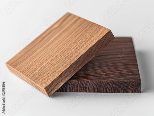 a minimalist product photography of two wood panel samples, one mff and one mfc, arranged diagonally with detailed surface texture visible, warm studio lighting photo