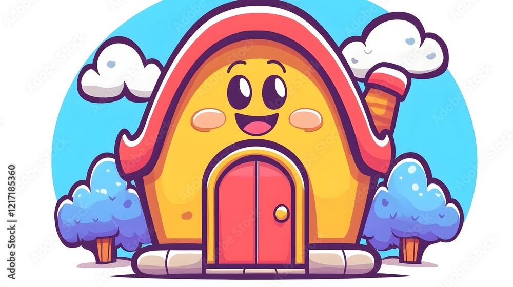 Naklejka premium Cute Kawaii-Style Cartoon Office Building with Smiling Windows and Friendly Door