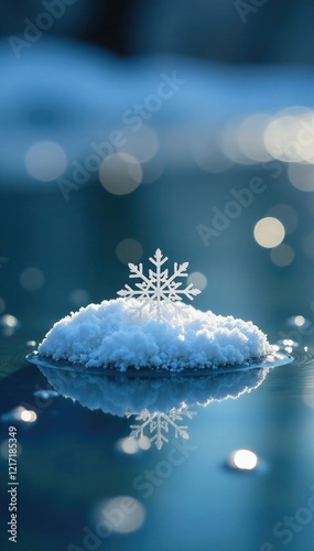 delicate snowflake landing on a frozen pond surface, scenery, peaceful, ripples
