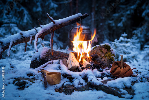 Coffee kettle hanging on a branch over a camp fire in a snow-clad forest