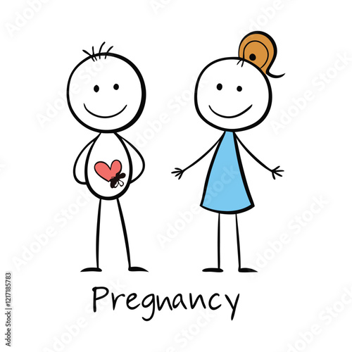 "Adorable stick-figure couple sharing the joy of pregnancy! The excited duo holds a tiny heart or baby icon, symbolizing their upcoming bundle of love and happiness."