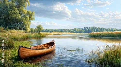 A serene landscape featuring a wooden canoe moored by a tranquil river, surrounded by lush greenery and a bright sky.