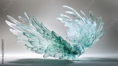 Delicate feathered wings crafted from translucent aquamarine glass photo