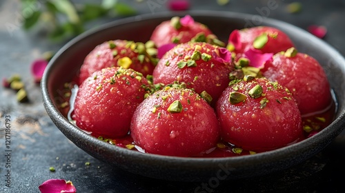 Inviting Serving of Gulab Jaman - A Beautiful and Aromatic Sweet Treat Enhanced with Pistachios photo