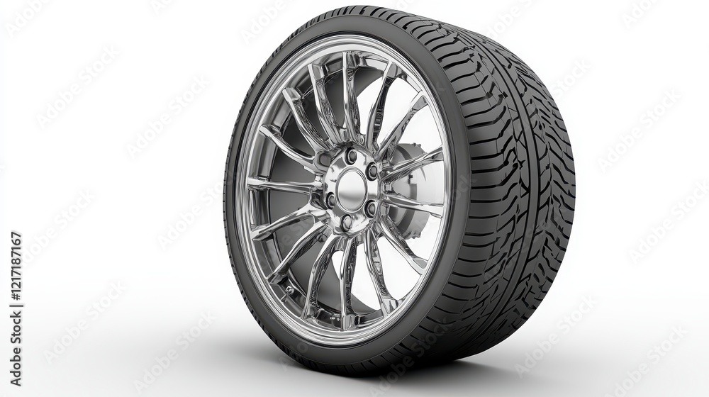 Obraz premium Sleek Silver Alloy Wheel with Black Tire on White Background