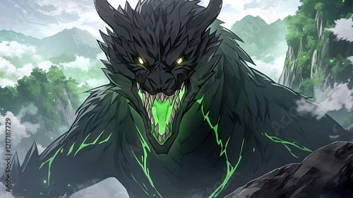 A terrifying hybrid monster with glowing green scales and sharp teeth showcasing a menacing grin and dark features in a fantasy-themed illustration photo