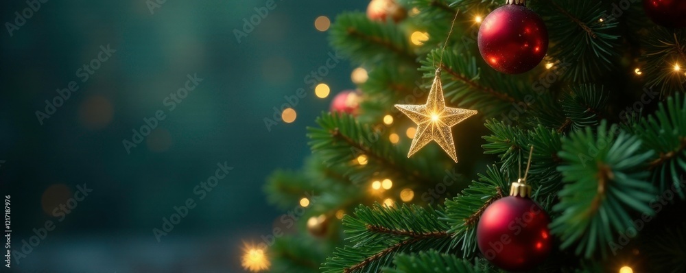 Naklejka premium Evergreen tree adorned with sparkling star decoration, twinkling star, ornaments, evergreen tree