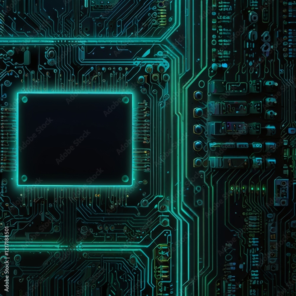 Fototapeta premium Neon-Lit Computer Motherboard with Circuit Tracks and Chips