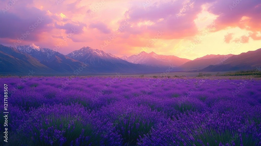 A vibrant lavender field stretches across the foreground,