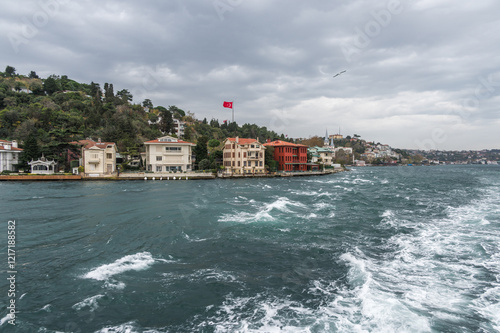 Beautiful view of the Bosphorus coast near the Kuleli Military High School on a cloudy day. Istanbul Turkey photo