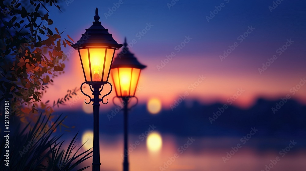 Two illuminated lanterns stand by a tranquil body of water at dusk, casting a warm glow against the serene twilight backdrop. Two illuminated lanterns stand by a tranquil body of water at dusk, casting a warm glow against the serene twilight backdrop.