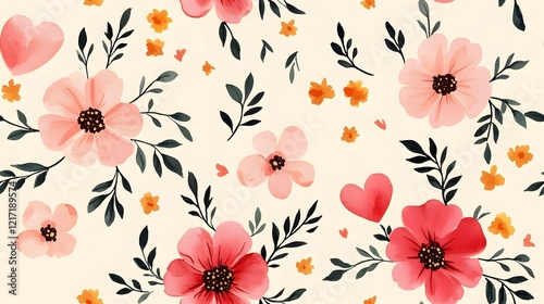 Soft Watercolor Floral Pattern with Charming Heart Motifs for Customizable Valentine's Cards
