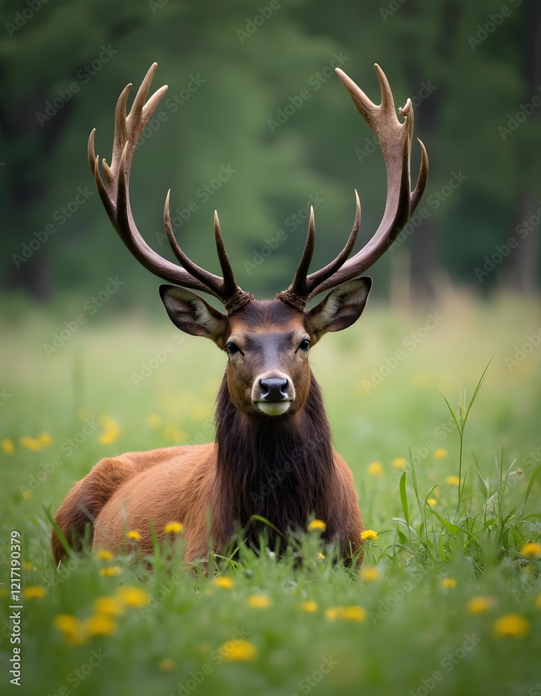Majestic Elk Resting in a Lush Green Meadow Majestic Elk Resting in a Lush Green Meadow