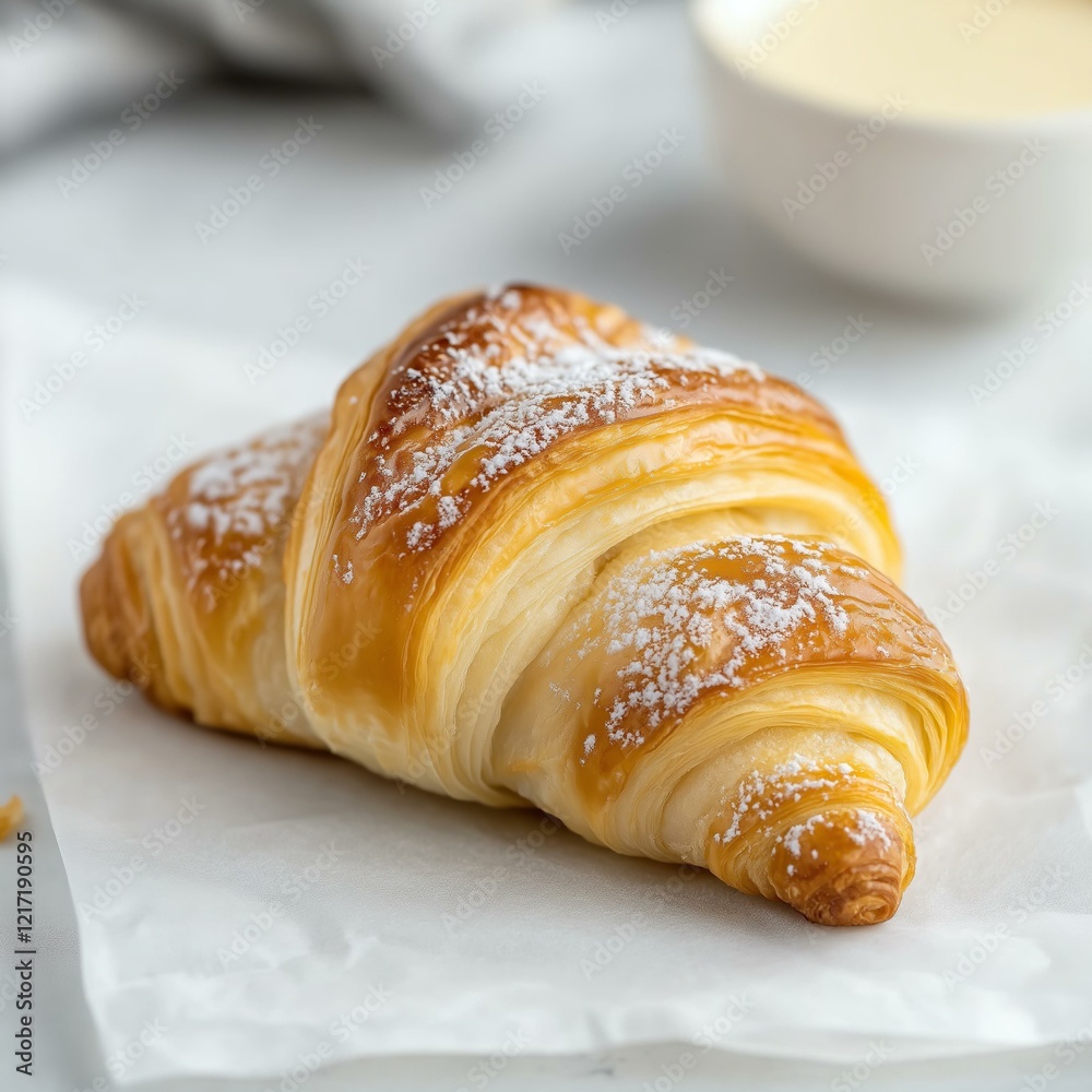 Powdered Croissant on White Parchment Paper Powdered Croissant on White Parchment Paper