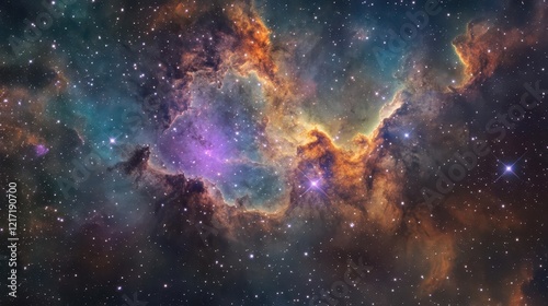 cosmic aurora nebula swirls in deep space, iridescent purples and teals, star clusters, ethereal celestial light streams