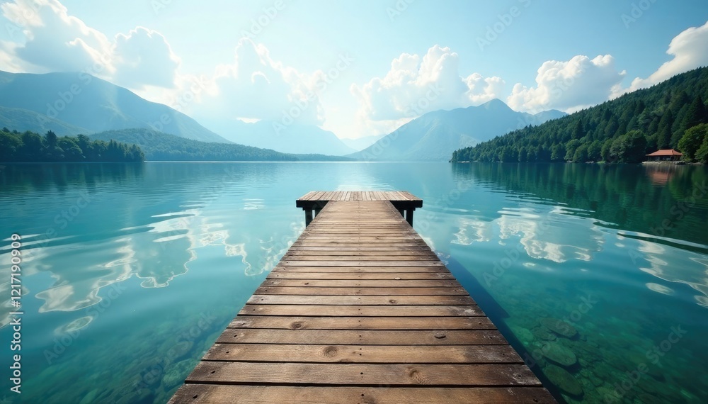 A wooden dock extends into the lake's calm waters, peaceful, dock, scenery A wooden dock extends into the lake's calm waters, peaceful, dock, scenery