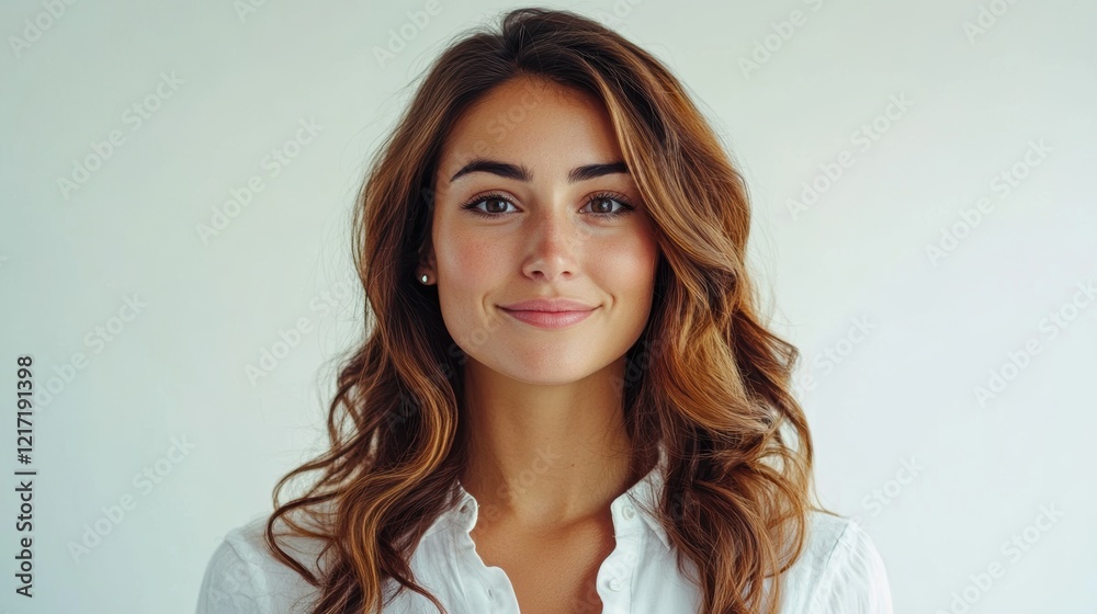Fototapeta premium Confident and Smiling Woman with Long Wavy Hair