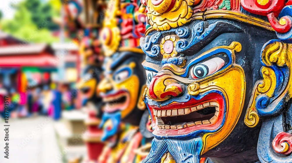 close-up of a Tibetan mask used in a traditional religious dance, with intricate details and vibrant colors. Copy space. Tibetan architecture close-up of a Tibetan mask used in a traditional religious dance, with intricate details and vibrant colors. Copy space. Tibetan architecture