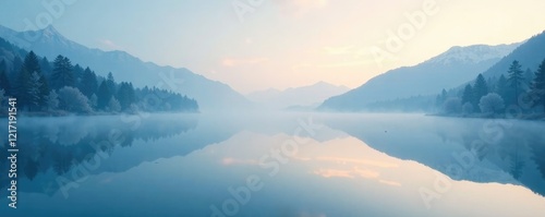 an ethereal blue haze wafts through a still white lake, etherealhaze, misty, nature photo