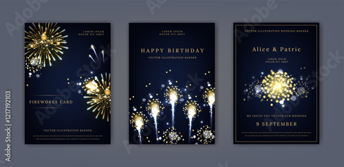 Fireworks card. Background gold, luxury poster design, elegant birthday invitation. Wedding banner. Glitter glowing in night, festive awards, gala anniversary in sparkles vector flyer illustration set