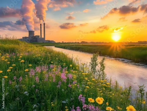 industrial power plant with dramatic steam emissions against sunset sky, juxtaposed with vibrant wildflower meadow and meandering river photo