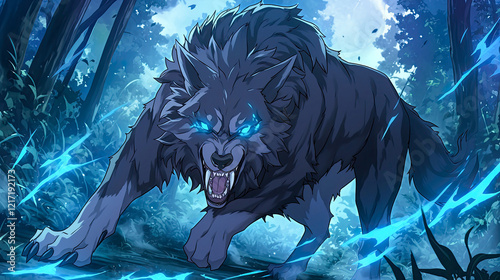 Werewolf with glowing blue eyes and large mouth standing in a dark forest setting at night with eerie atmosphere photo